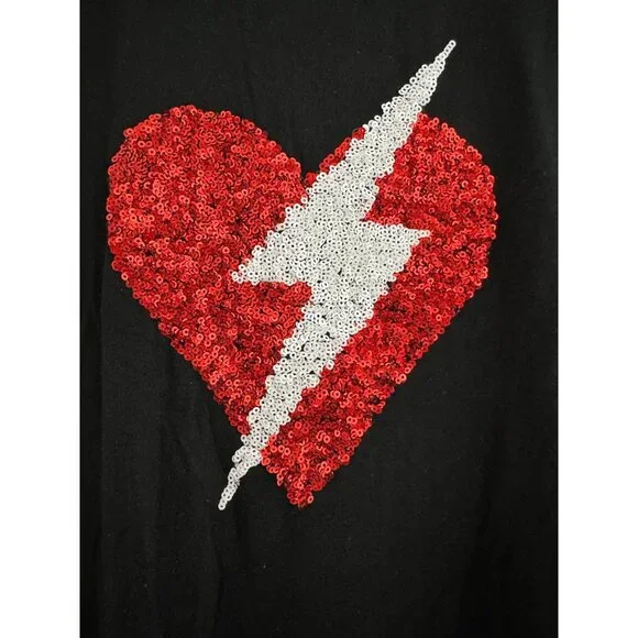 Romeo & Juliet Black Short Sleeve T-Shirt Top Sequin Heart Lightning Bolt Size S - Picture 3 of 9
